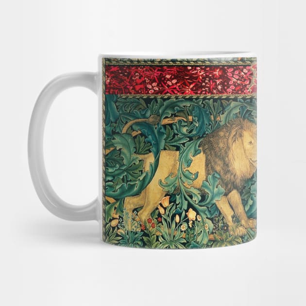 GREENERY FOREST ANIMALS ,LION ,FOX,PHEASANT AND DOES Red Green Floral Tapestry by BulganLumini